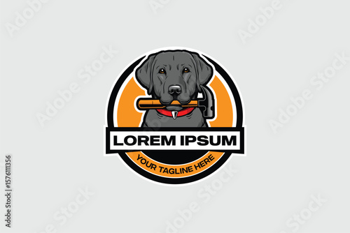 Black labrador dog biting hammer animal logo vector design template