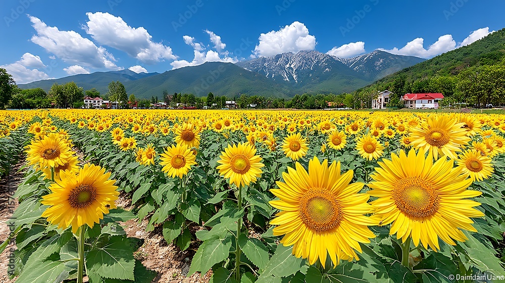 Obraz premium Vibrant Sunflower Field Under Clear Sky Near Majestic Mountains on a Sunny Day
