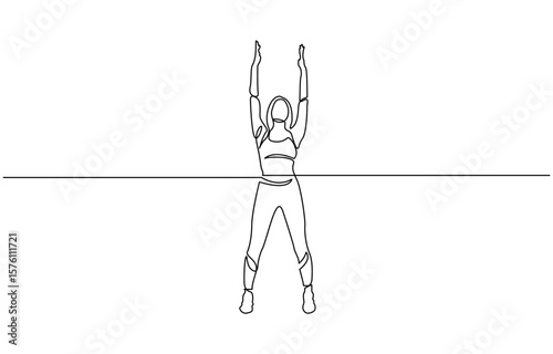 Continuous line art or One Line Drawing of a woman stretching arms is relaxing, and woman raising hands in an exercise of relax and breathing, one line continuous drawing.