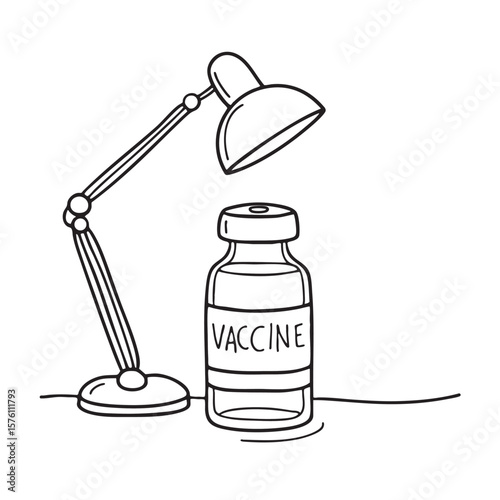 A desk lamp shining over a single vaccine vial