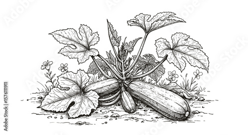 Zucchinis in the garden — vintage ink sketch doodle black and white vector illustration on white background

