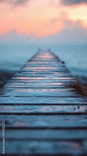 Walking on Wooden Pier Towards Ocean at Sunset in Soft Light