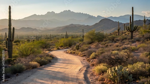 Desert Landscape With Saguaro Cacti And Winding Dirt Road