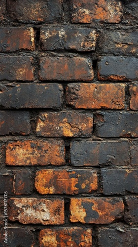 Textured Brick Wall Background with Dark Mortar and Stained Bricks