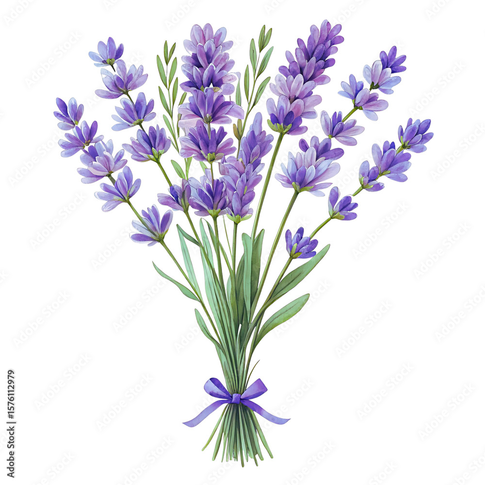 Fototapeta premium Lavender bouquet, tied with ribbon, isolated on transparent background.