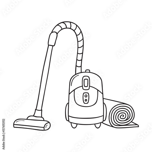 A vacuum cleaner positioned next to a rolled carpet