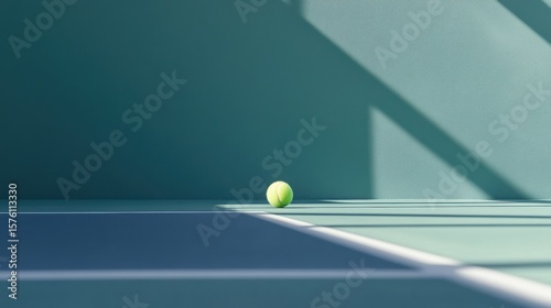 Isolated tennis ball on the court with strong contrasting shadows and blue wall