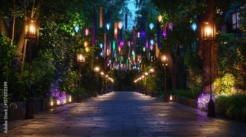 Enchanted Pathway with Colorful Lanterns and Vibrant Flora at Night