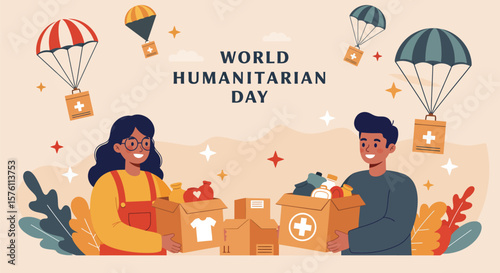 A couple providing clothes and medicines to the refugees, world humanitarian day, flat design vector illustration