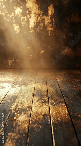 Wooden Floor and Wall with Golden Light Creating a Dramatic Scene