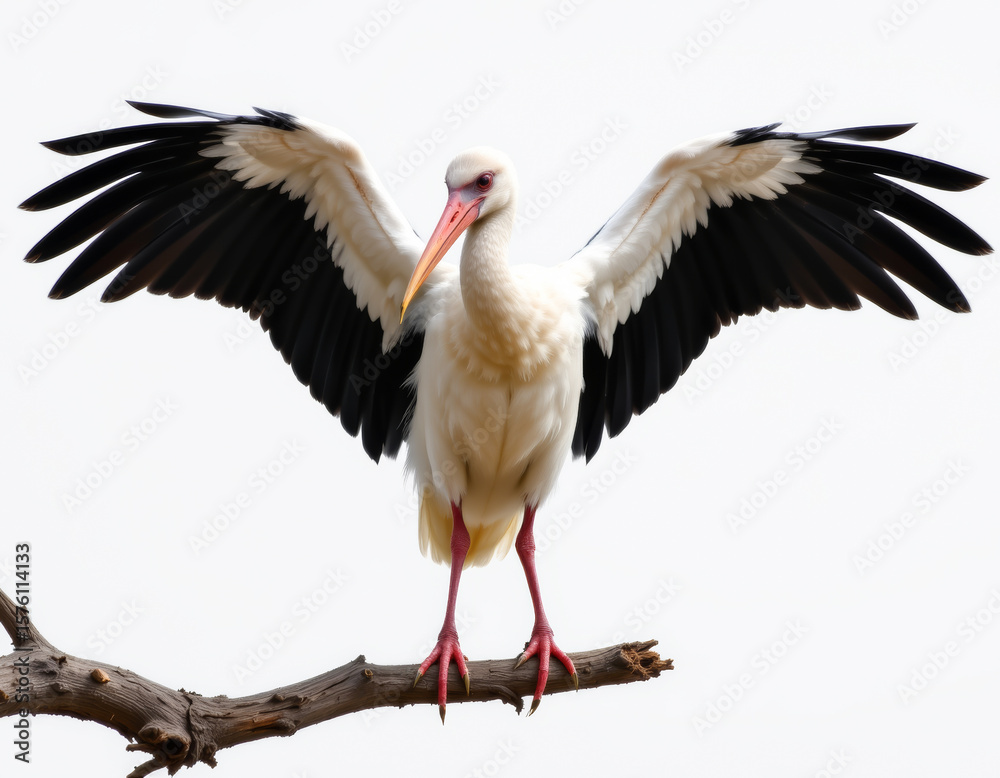 Fototapeta premium a close up of a oriental stork with white body and black wings folded