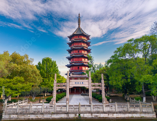Aerial view of Feiying Tower in Huzhou City, Zhejiang Province, China