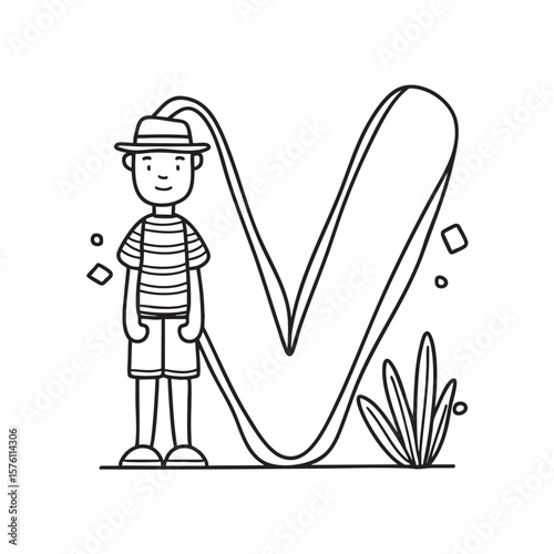An illustration showing the letter V beside a vacationer