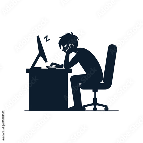 A bored and unmotivated person procrastinating at work. A lazy employee or student sitting at a desk feeling sleepy. Vector illustration of office boredom