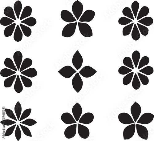 Collection of nine black floral silhouettes with varying petal counts and arrangements on a white background