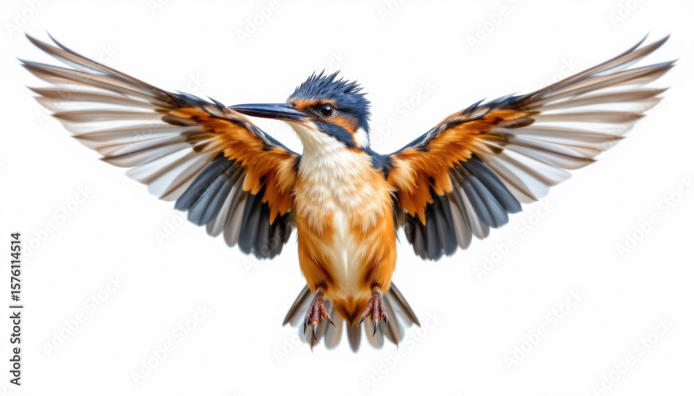 Fototapeta premium a close up of a crested kingfisher in landing motion, wings flared wide