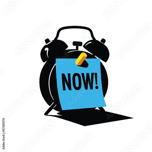 Concept of urgency and an important deadline. An alarm clock silhouette with a sticky note that says NOW. Vector icon for time pressure and immediate action