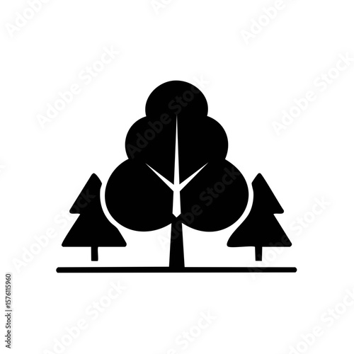 Simple vector art depicting trees, silhouettes of deciduous and evergreen trees on a horizontal plane