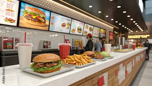 Burger Restaurant: A inviting fast food restaurant, delicious burger, fries, and soda are beautifully displayed on the counter, under a warm glow. The ambiance is inviting with a view of the menu.