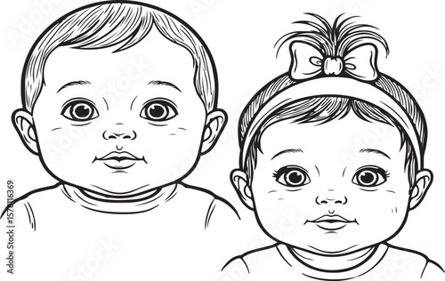Cute baby girl and boy cartoon face vector, adorable infant character illustrations, smiling baby faces for kids designs, nursery prints, baby shower decor, and children's product branding art