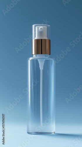 Canister spray substance A sleek, transparent spray bottle against a soft blue background, ideal for showcasing beauty or cosmetic products.