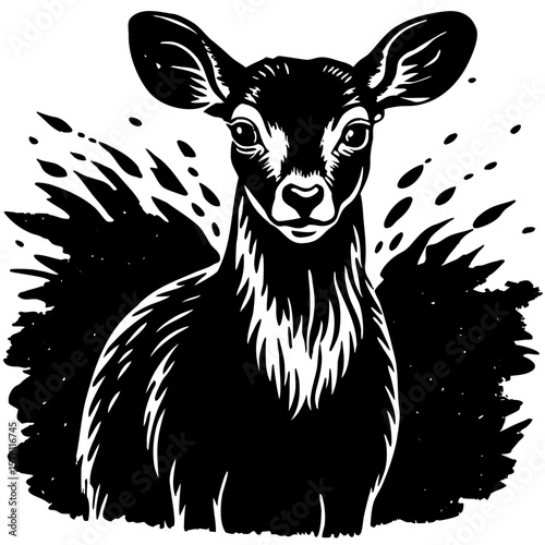 Black and White Deer Illustration with Antlers Standing on Grass – Vintage Style Wildlife Drawing for Nature Design, Forest Animal Art, Hunting Theme Projects, and Retro Animal Sketch Concepts