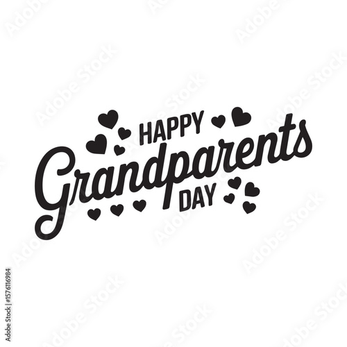 A stylized, black and white graphic design featuring the text "Happy Grandparents Day." The lettering has a classic, vintage feel with swirls and flourishes.
