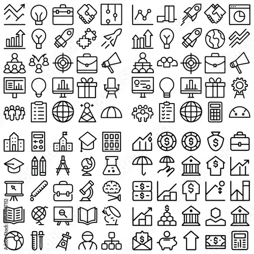 Black and White Business and Finance Icon Set Growth Charts Lightbulb Rocket Teamwork