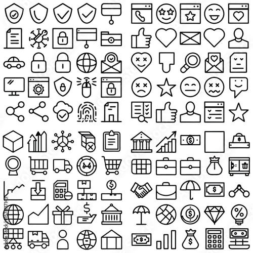 Large Collection of Black Outline Icons on White Background, Diverse Set of Symbols for Web Design and Mobile Apps