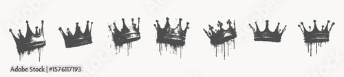 Grunge crown icons with halftone spray texture. Punk graffiti urban dotted elements for music design, hip hop posters, underground branding, school prints.