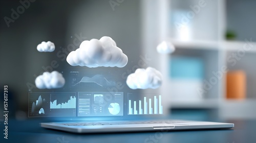 Laptop with floating cloud icons and data charts on a clean digital dashboard.Concept: Cloud computing, data analytics, and modern IT systems. Ideal for  cloud services, SaaS and tech visuals.
