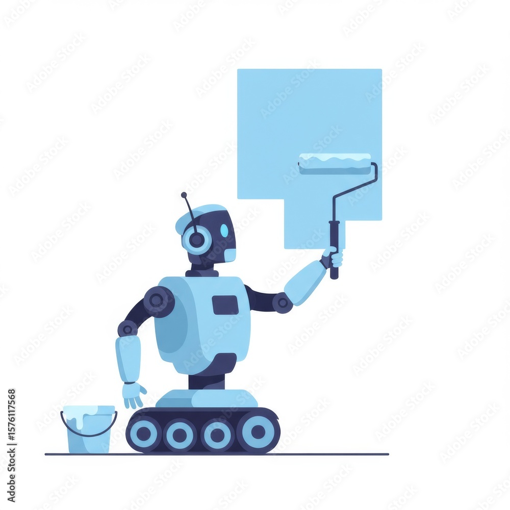 Naklejka premium Blue Robot Painting a Wall with Paint Roller