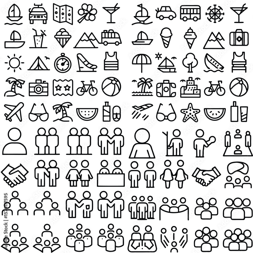 Fototapeta premium Collection of Black and White Line Icons Depicting Travel Vacation Activities People Groups and Symbols