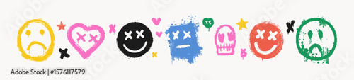Colorful school emoji sticker set of pop smiley faces, hearts, doodles with spray paint halftone texture. Playful grunge emotion icons for notebook cover design, kids art projects, graphics.