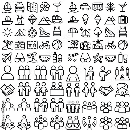 Collection of Black and White Line Icons Depicting Travel Vacation Activities People Groups and Symbols