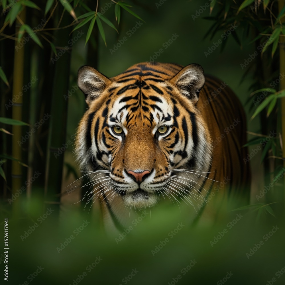Fototapeta premium Tiger Peeking from Bamboo Forest – Intense Wildlife Moment