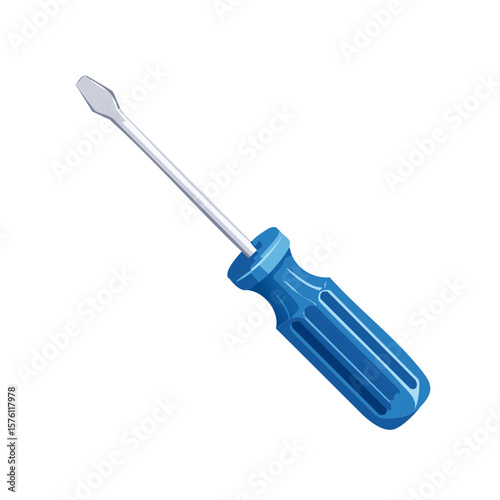 Flat Head Screwdriver Tool with Blue Grip for Construction or Repair Projects Depicted on Plain Background