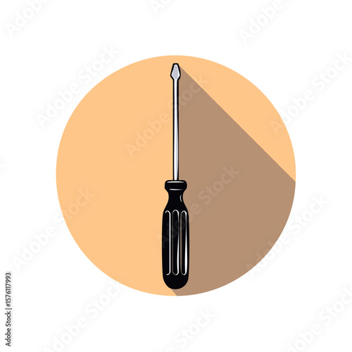 Illustration of a Flat-Head Screwdriver in Front of a Peach Circle with a Drop Shadow, Simple Hand Tool