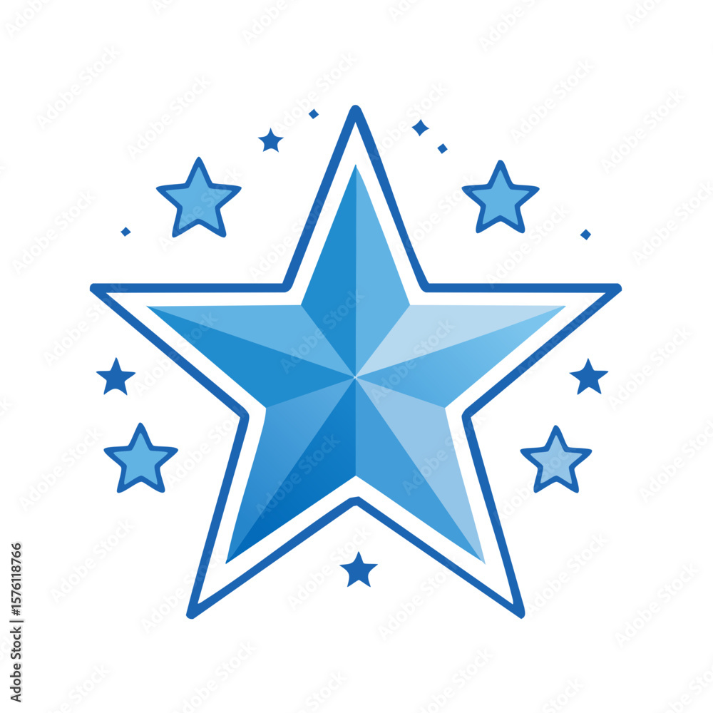 Fototapeta premium Large gradient blue star encompassed by small stars, geometric illustration. Symbolizes achievement, success, recognition, and patriotism.