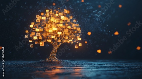 Digital Conceptual Tree with Glowing Orange Lights Symbolizing Connectivity and Technology in a Futuristic Landscape