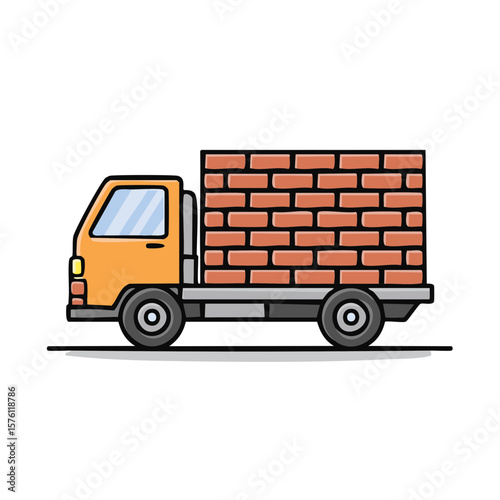 Cartoon delivery truck carrying a load of red bricks to a construction site or home improvement project illustration