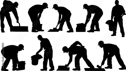 "Twelve black silhouettes of builders shown in progressive construction tasks—from laying the first stone to finishing details like painting. Each figure isolated but part of a symmetrical grid layout