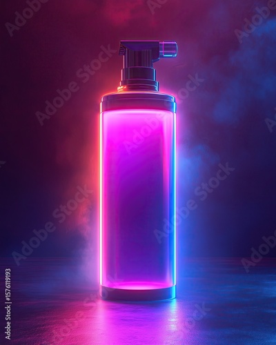 Canister spray substance A vibrant neon bottle spray illuminated by colorful lights against a moody backdrop, perfect for modern designs.