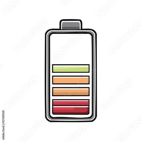 Low battery icon, charge level, battery indicator, energy level depletion