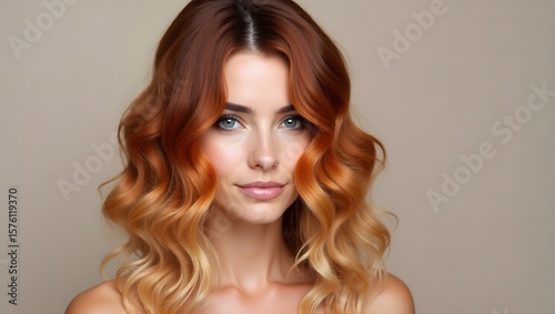 Elegant beauty model with copper blonde ombre two-tone wavy hairstyle on neutral background, copy space