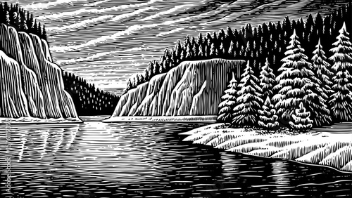 Lake Baikal, the deepest freshwater lake in Russia, surrounded by snowy cliffs and pine forests, drawn in black and white line art illustration perfect for nature, travel, and geography themes