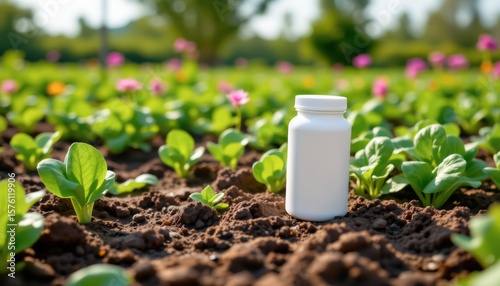 realistic image of a product placed on sunburned dirt patches in a water spinach