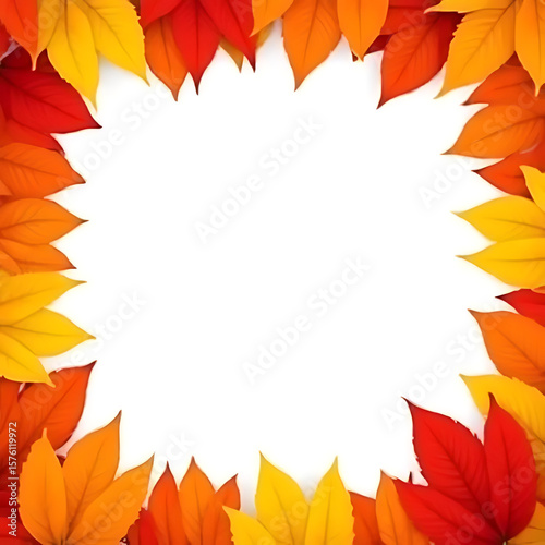 Autumn leaf frame with red orange and yellow leaves arranged around a white blank space for text or design elements