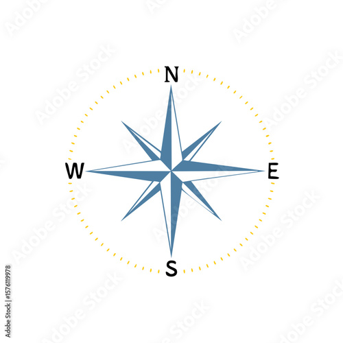 Blue Compass Rose Illustration with Cardinal Directions and Dotted Circle Border