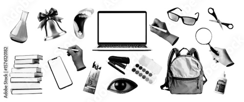 Trendy education paper stickers, retro halftone collage elements. Laptop, books, hand, bell, glasses, pencils, backpack. Vector design on the theme of school, study, university isolated on transparent